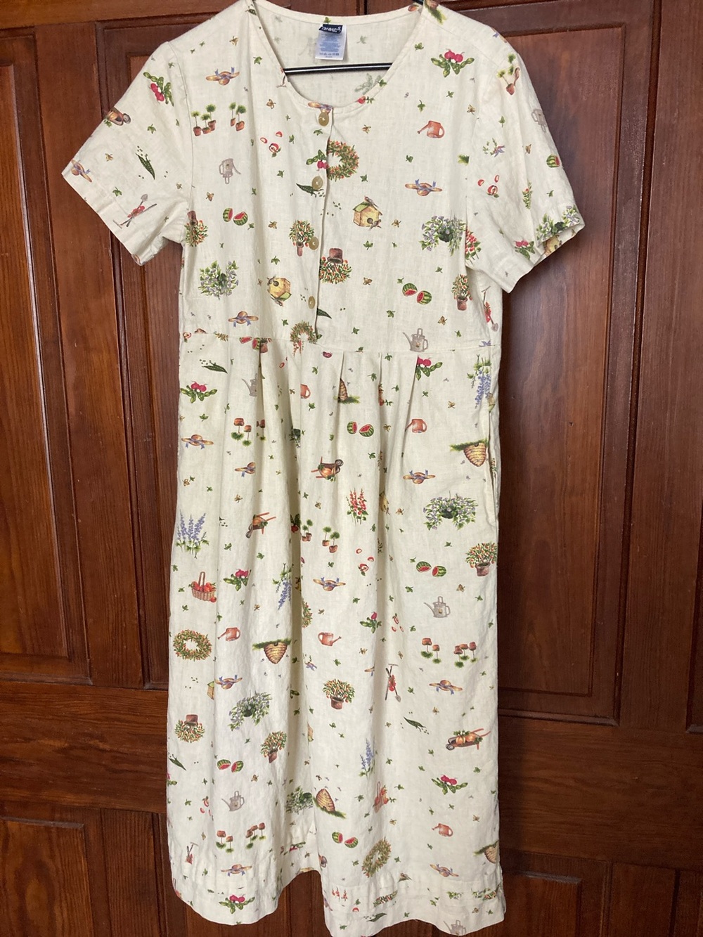 Vintage Lands' End Cream Garden Print Linen Cotton Midi Dress *Stains